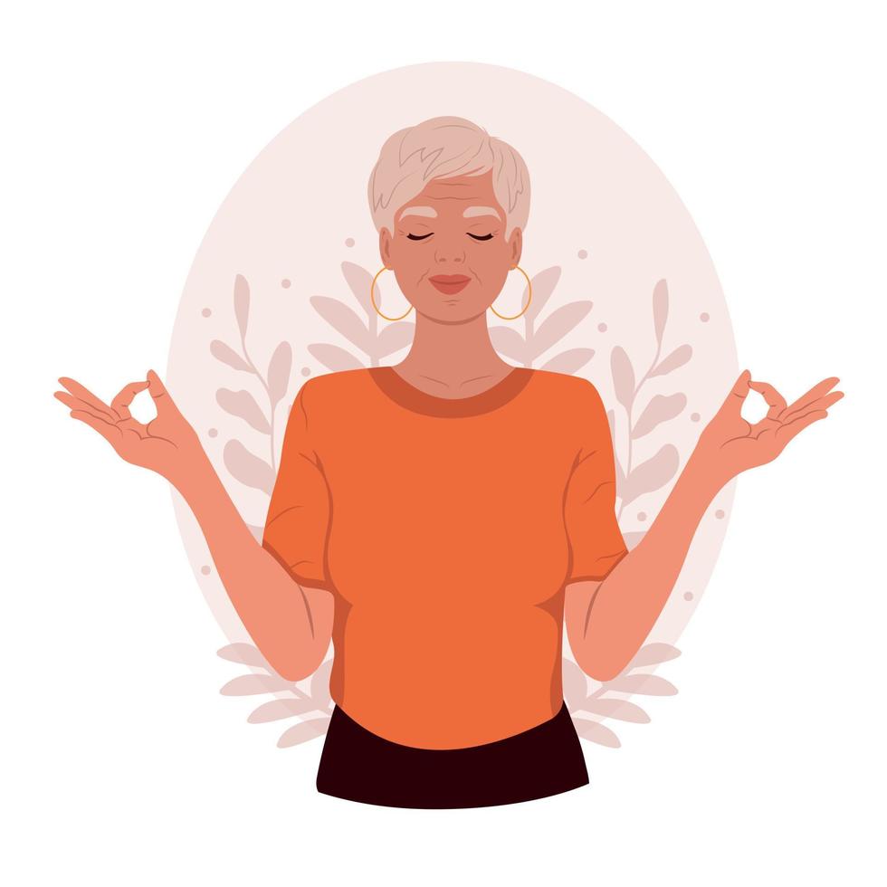 Elderly woman with closed eyes meditating. Meditation practice. The concept of zen and harmony. vector
