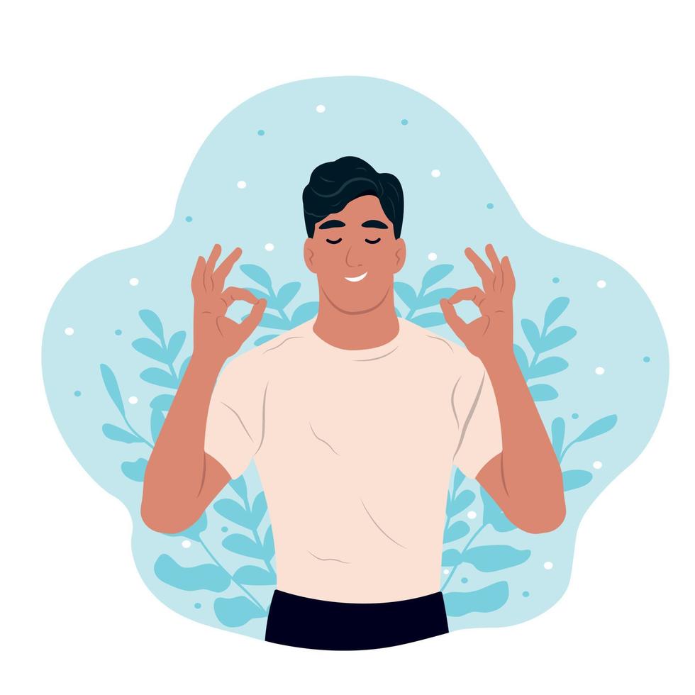 Man with closed eyes meditating. Stress Awareness Month. The concept of zen and harmony. Mental Health Awareness Month. vector