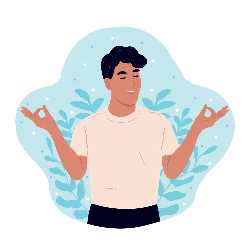 hombre con cerrado ojos meditando estrés conciencia mes. el concepto de zen y armonía. mental salud conciencia mes. vector