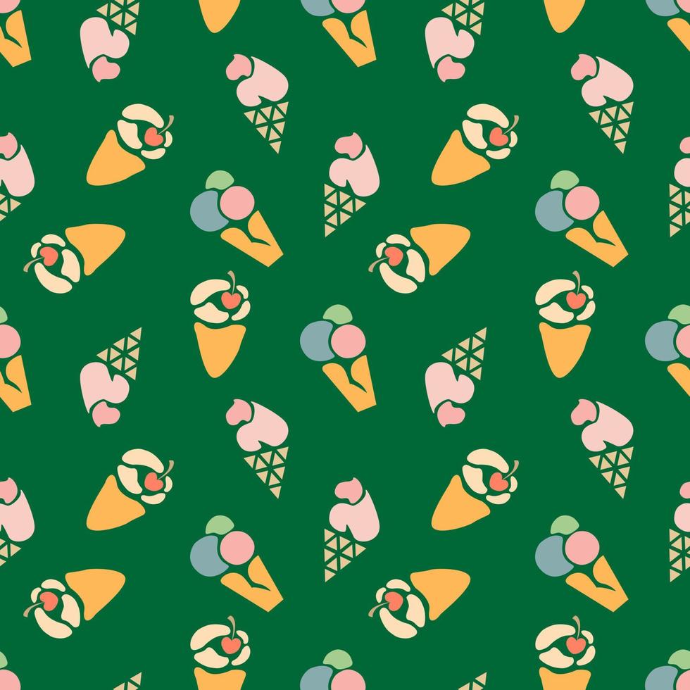 vector illustration seamless pattern of colored stylized ice cream on green