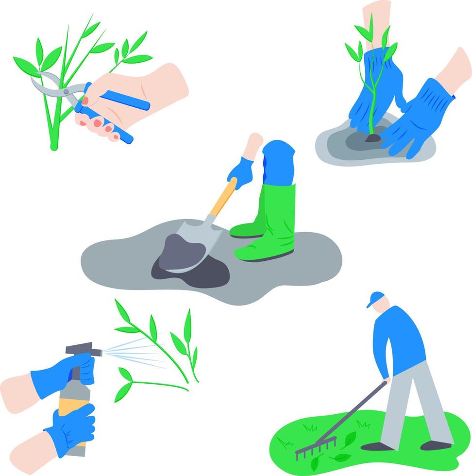 Vector set garden work illustration. Hand is pruning garden tree with clippers. Planting. Man dig ground with a shovel. Spraying pesticide chemicals on plants. Cleaning fallen autumn leaves.