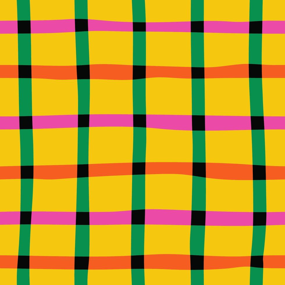 Naive seamless vibrant checkered pattern in doodle style on a yellow background. Bright minimalistic Contemporary graphic bauhaus design in vibrant rainbow colours. Abstract trendy gingham plaid. vector