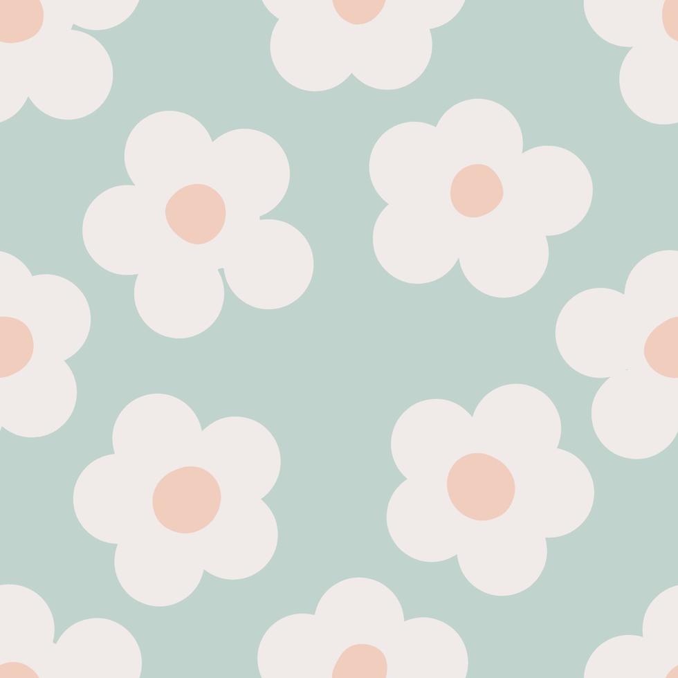 Naive seamless boho floral pattern with white daisies on a light green doodle-style background. Cute modern minimalist trendy boho background design for kids. Scandinavian print for kids' room vector