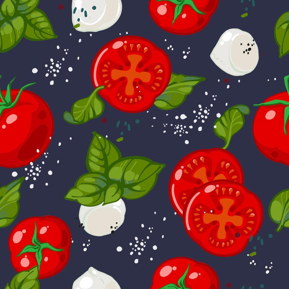 Seamless hand drawn pattern of caprese salad. Vector illustration of ripe red tomatoes, basil, Mozzarella cheese, salt and black pepper. Background for Italian cuisine menu.