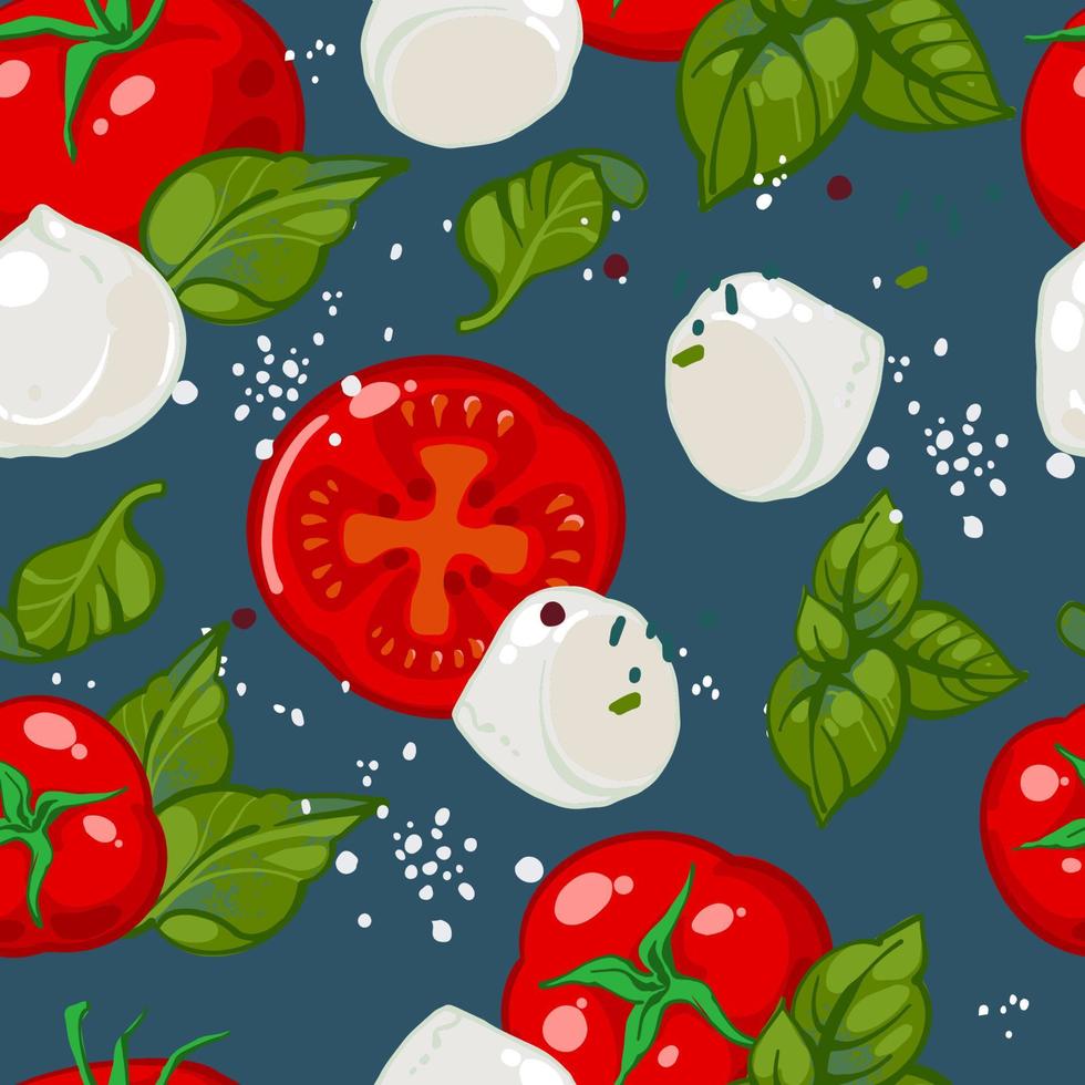 Seamless hand drawn pattern of caprese salad. Vector illustration of ripe red tomatoes, basil, Mozzarella cheese, salt and black pepper. Background for Italian cuisine menu.