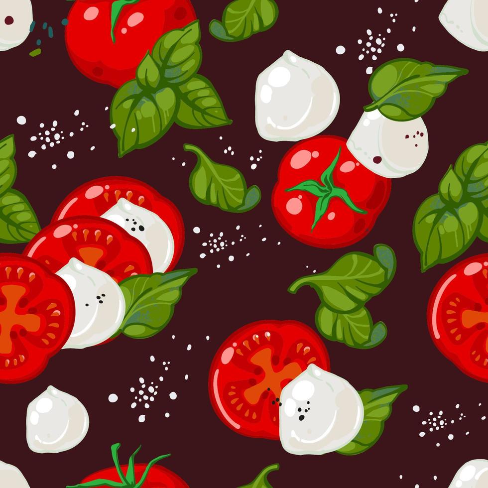 Seamless hand drawn pattern of caprese salad. Vector illustration of ripe red tomatoes, basil, Mozzarella cheese, salt and black pepper. Background for Italian cuisine menu.