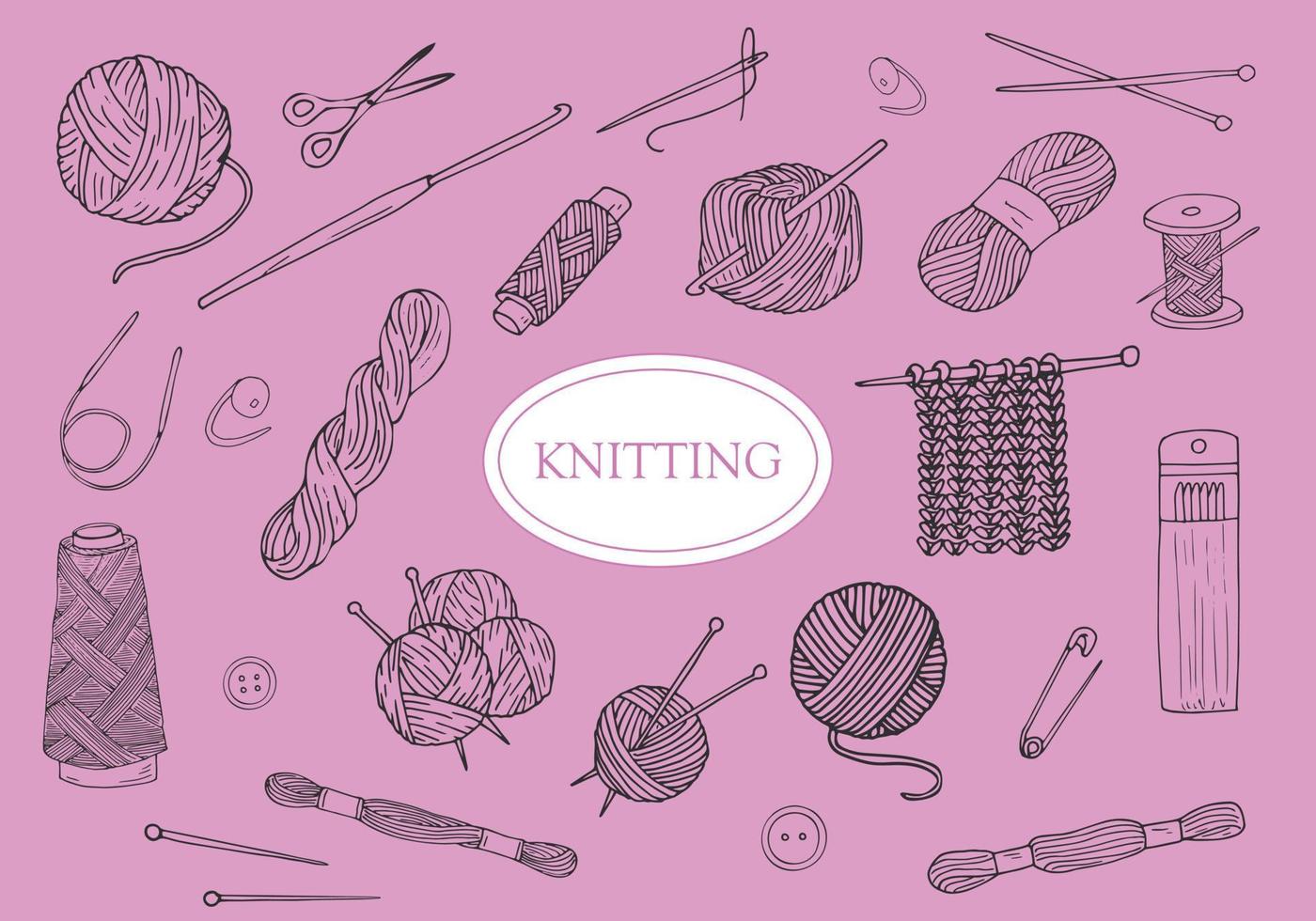 hand drawn knitting items set, isolated vector illustration