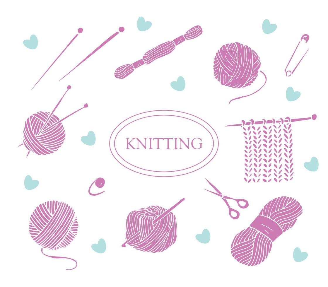 Hand drawn pink knitting doodles. Knitting and crochet set of icons. Hand drawn knitting collection. Isolated vector illustration