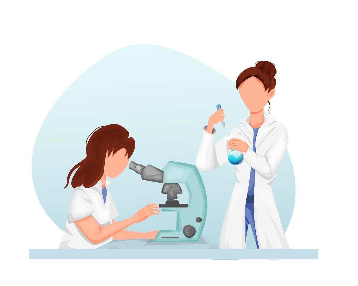 day of women and girls in science. set of female chemists conducts experiments. Analysis research. Vector illustration.