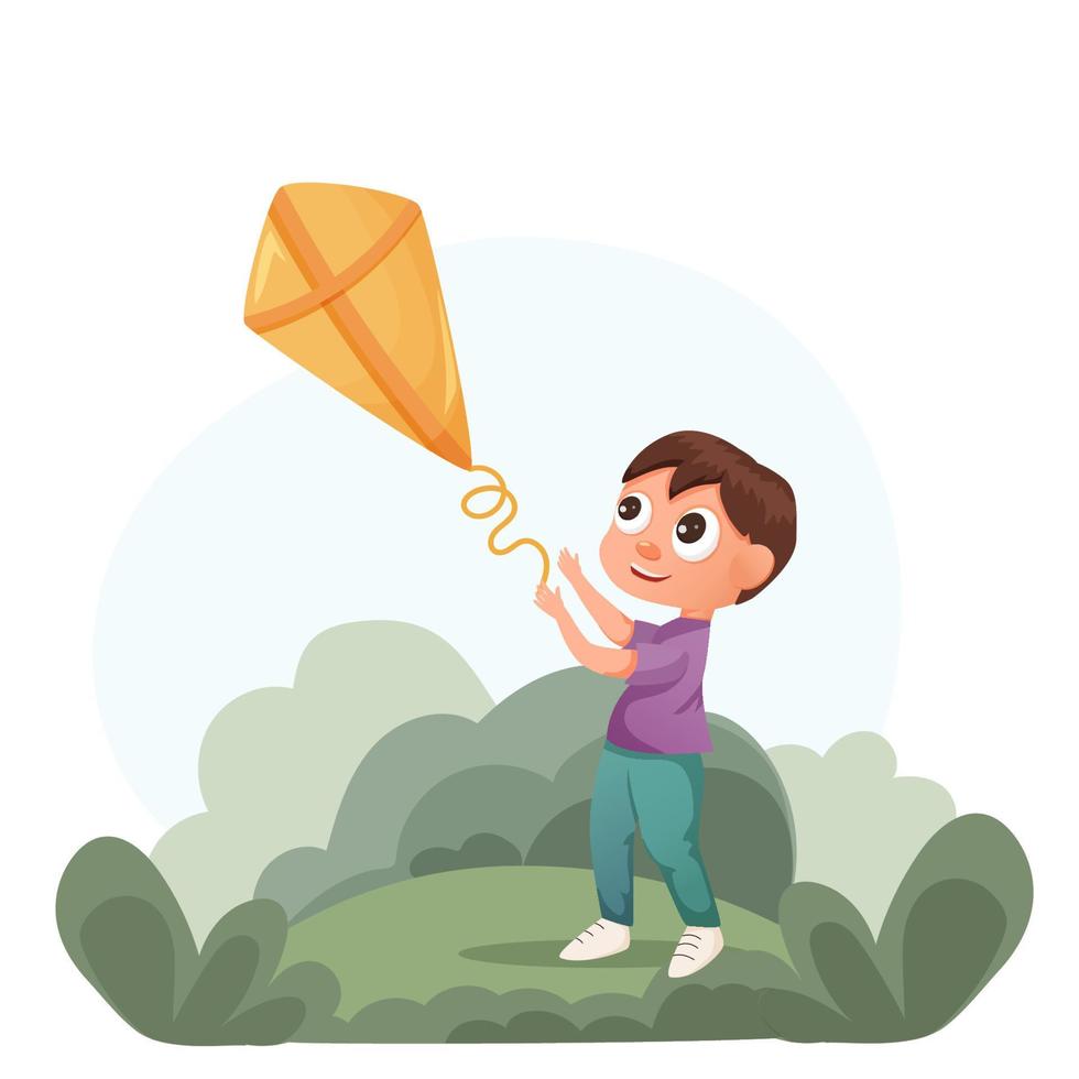 a white boy is playing with a kite. walks in the park, spring hobbies, outdoor activities. vector, cartoon style. vector