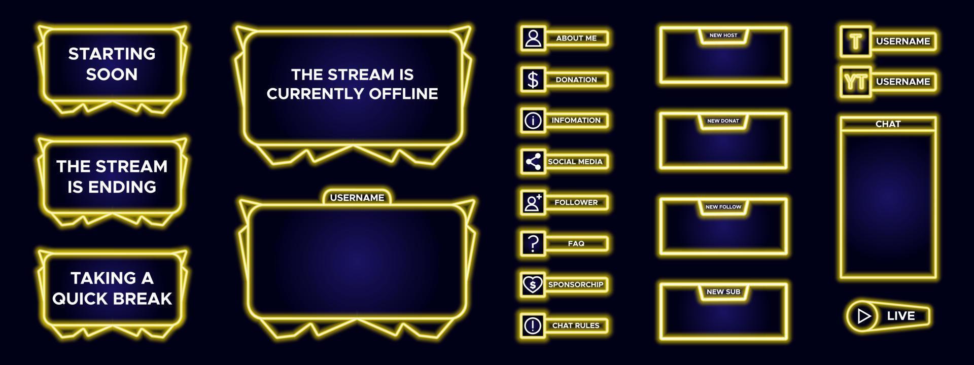 Overlay game set of modern design element for streaming screen panel. Yellow game frame for internet broadcast and online video. Futuristic live stream frame for interface. Vector technology template.