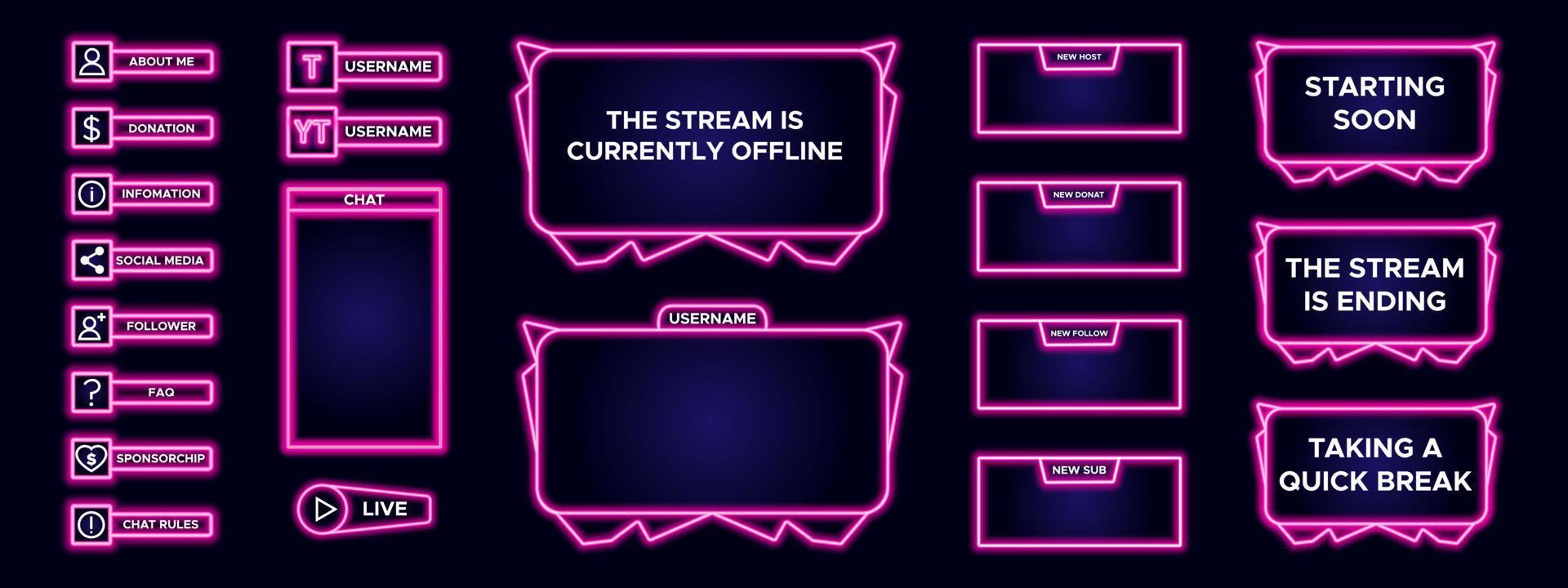 Overlay game set of modern design element for streaming screen panel. Pink game frame for internet broadcast and online video. Futuristic live stream frame for interface. Vector technology template.