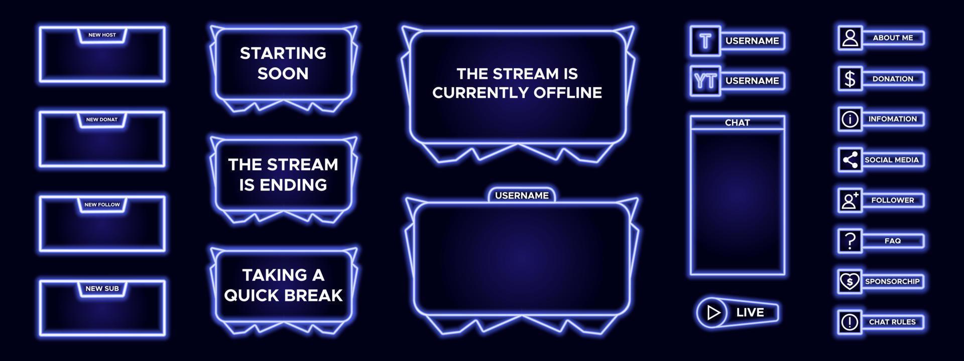 Overlay game set of modern design element for streaming screen panel. Blue game frame for internet broadcast and online video. Futuristic live stream frame for interface. Vector technology template.