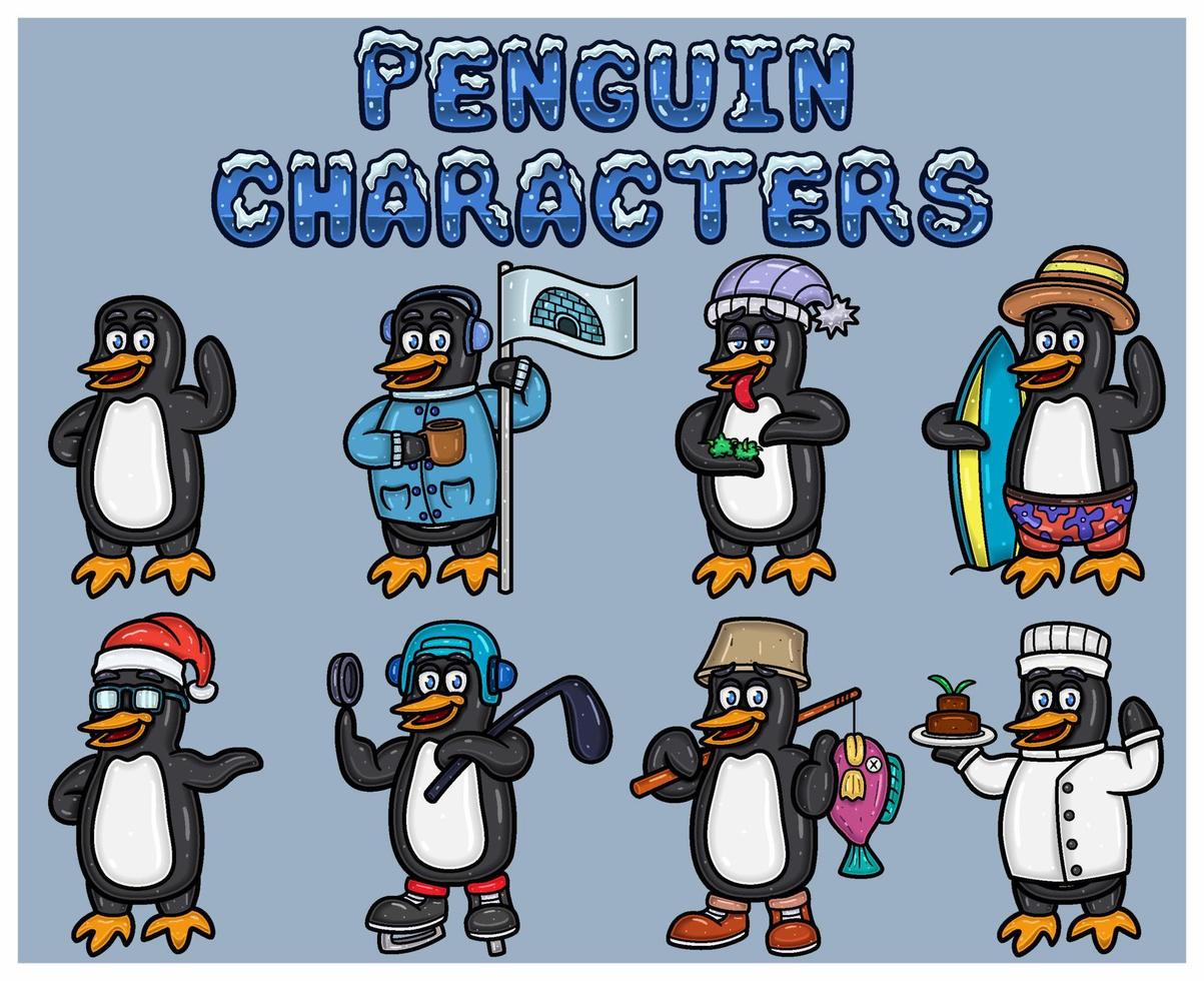 conjunto de pingüino dibujos animados mascota caracteres. con sencillo gradientes vector
