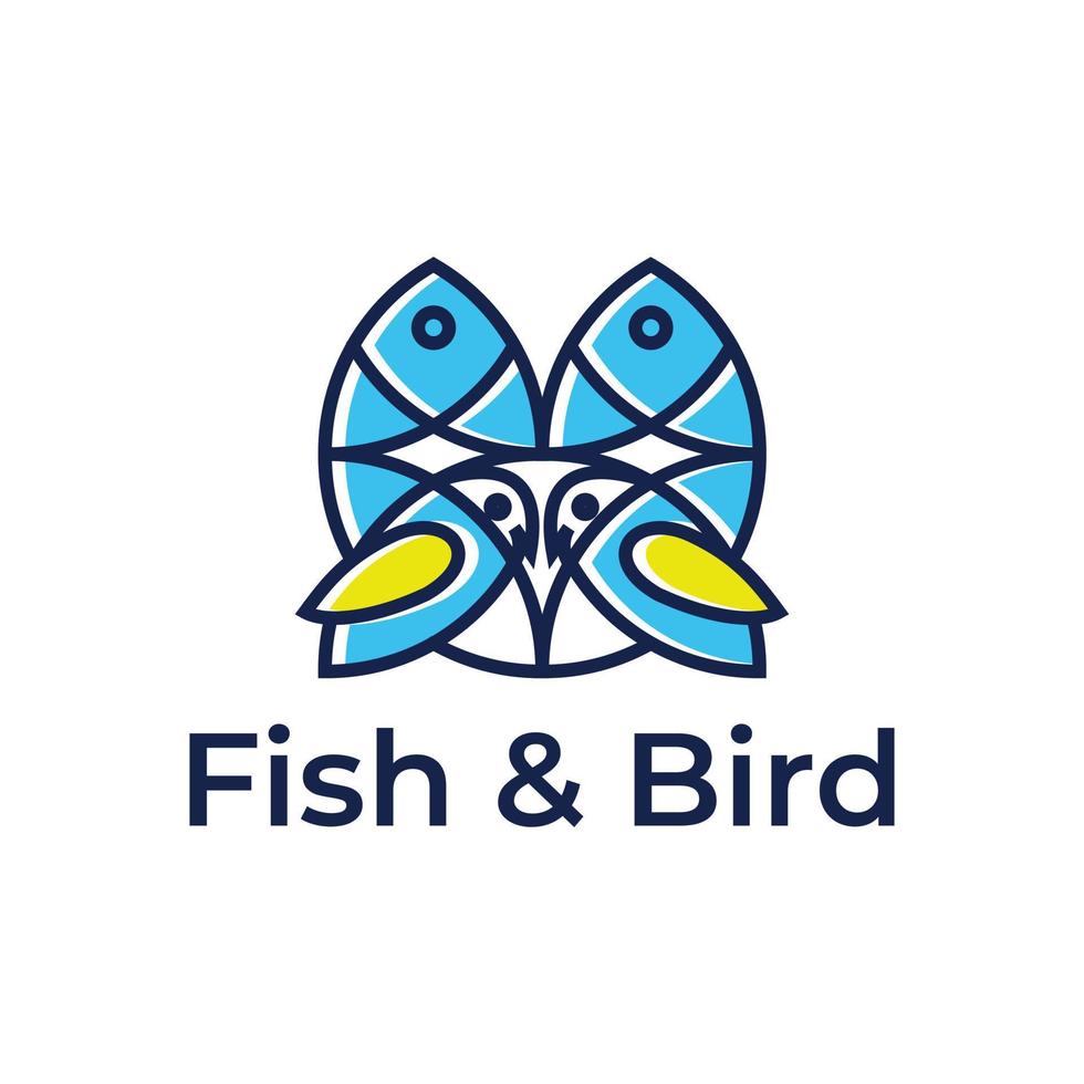 pescado y pájaro conjunto arte lineal logo diseño modelo para negocio vector