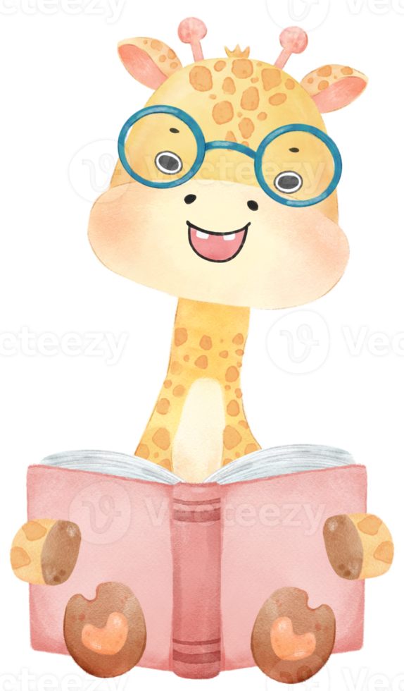 cute happy giraffe kid animal back to school with bag and books, children watercolour illustration png