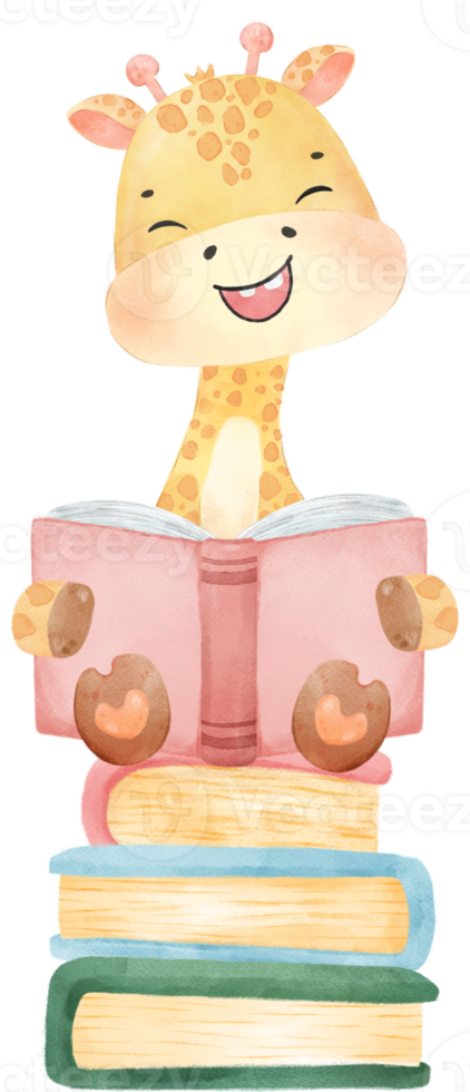 cute happy giraffe kid animal back to school with bag and books, children watercolour illustration png