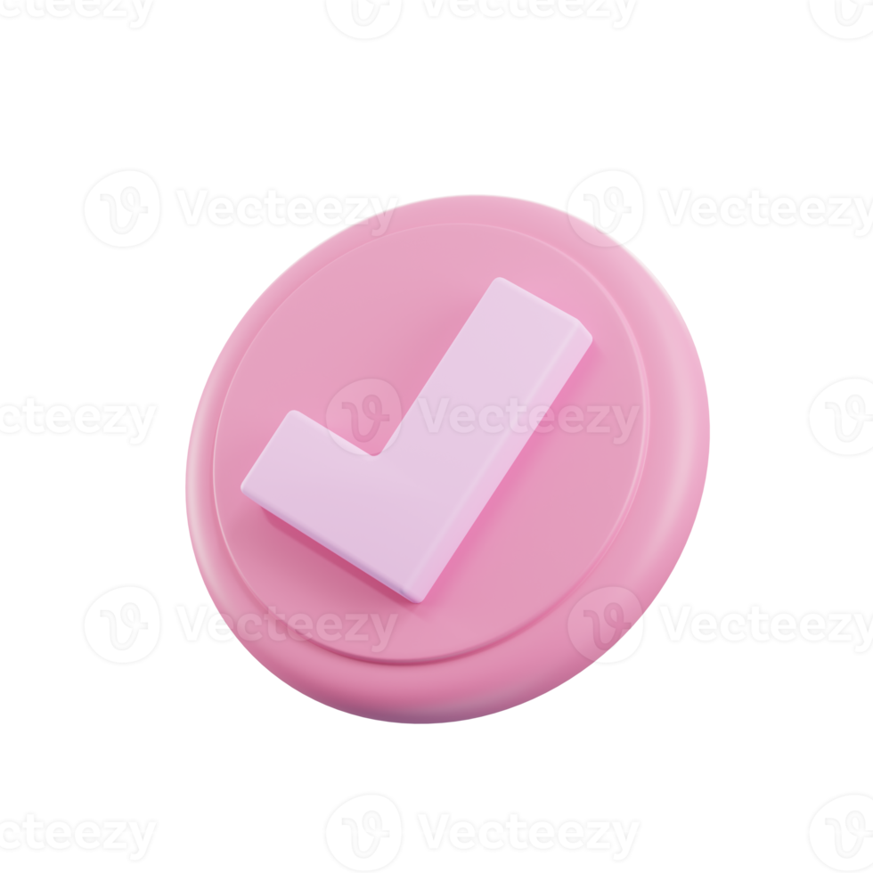 3d render check mark button with pink collour. 3d assets,success concept. png