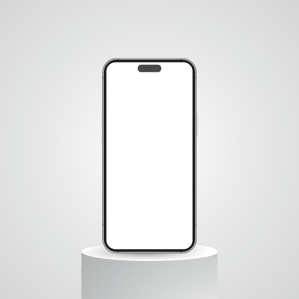 Realistic smartphone mockup with podium, high quality mobile phone front view, empty screen vector mockup