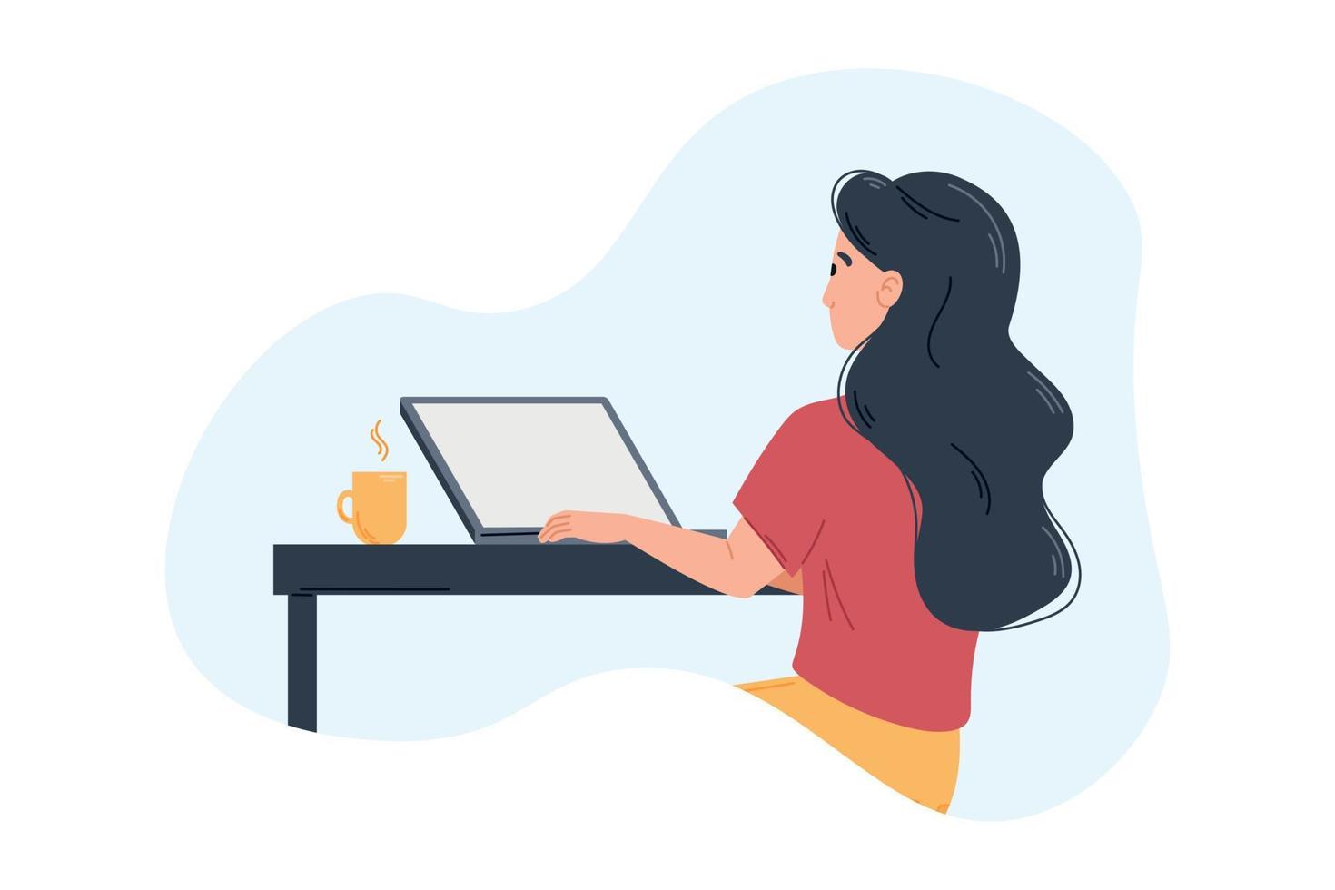 Young woman working on a laptop at the desktop with a cup of tea or coffee. Freelancer or study concept. Vector cute flat illustration.