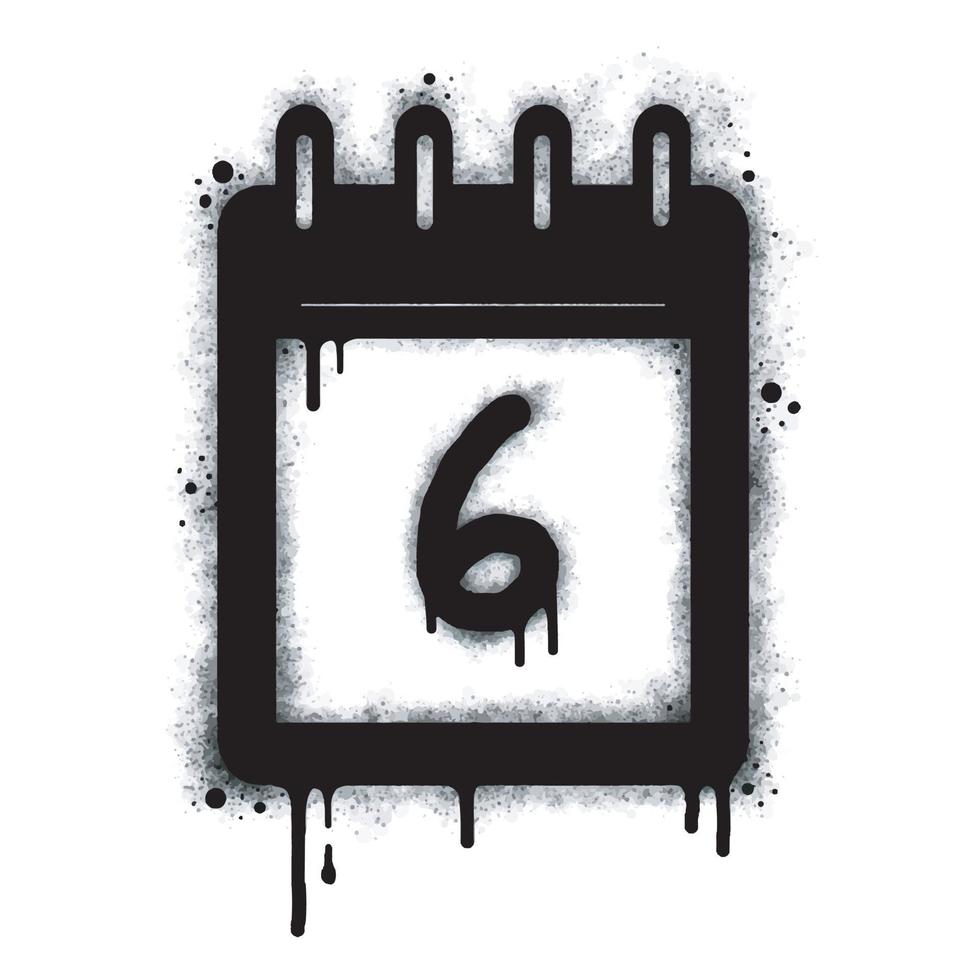 Spray Graffiti calendar icon isolated on white background. number six graffiti symbol with overspray in black on white. Vector illustration.