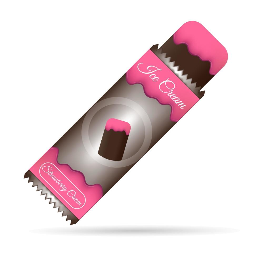 Vector illustration of chocolate ice cream with strawberry cream being opened from its packaging, designed for use in advertisements, promotions, and holiday-themed banners