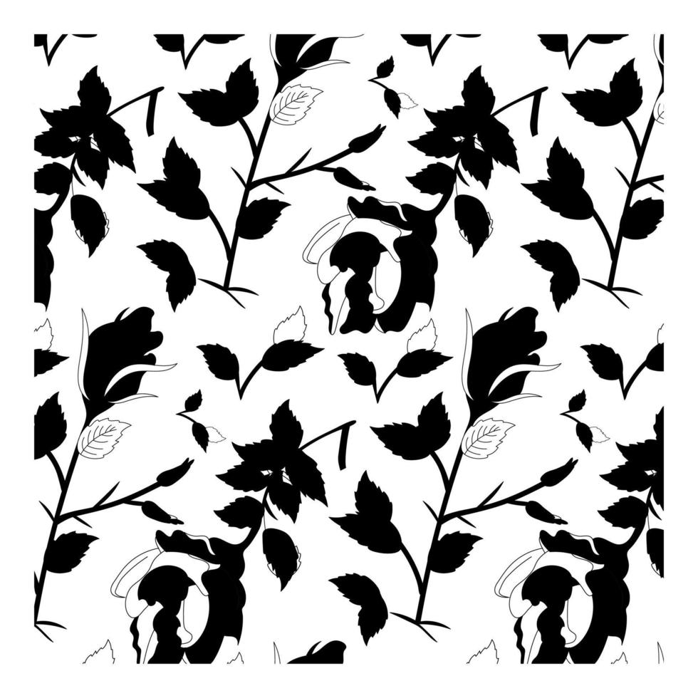 Black Flower vector seamless pattern. Hand drawn silhouettes of spring rose flowers. Dry brush style floral motives. Black paint illustration with branches and leaves. Find fill pattern on swatches