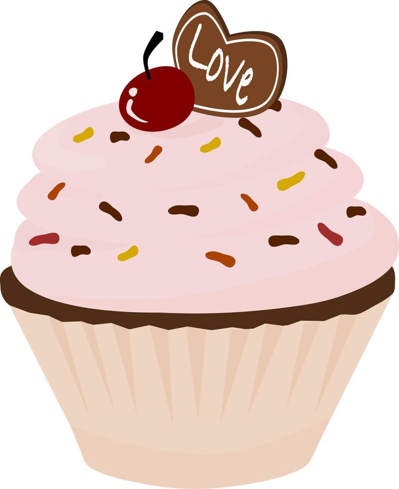 Sweet cupcake with cream and cherry. Vector illustration. Love text on chocolate heart shape. Romantic cupcake. Food vector illustration.