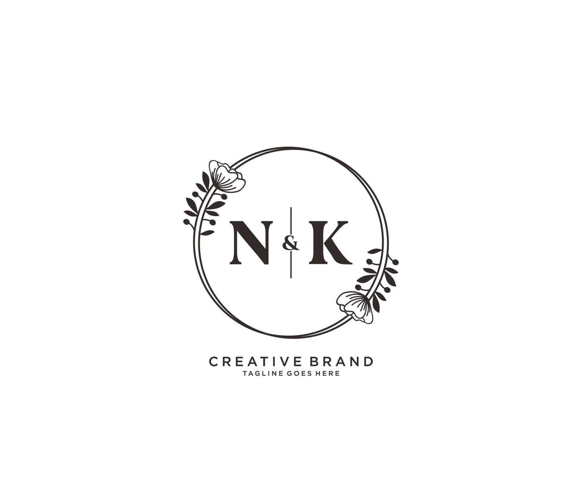 initial NK letters hand drawn feminine and floral botanical logo suitable for spa salon skin hair beauty boutique and cosmetic company. vector