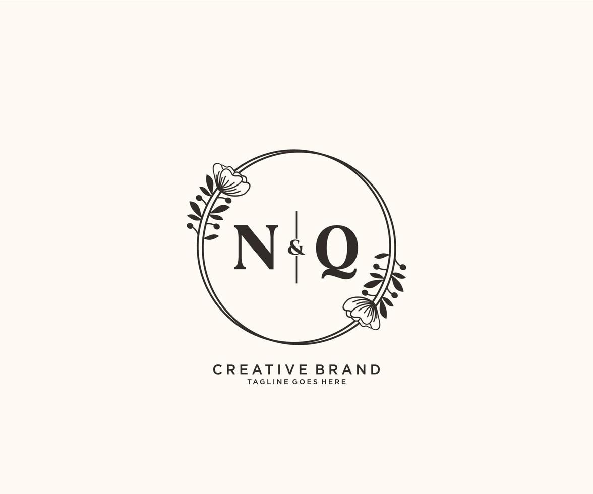 initial NQ letters hand drawn feminine and floral botanical logo suitable for spa salon skin hair beauty boutique and cosmetic company. vector