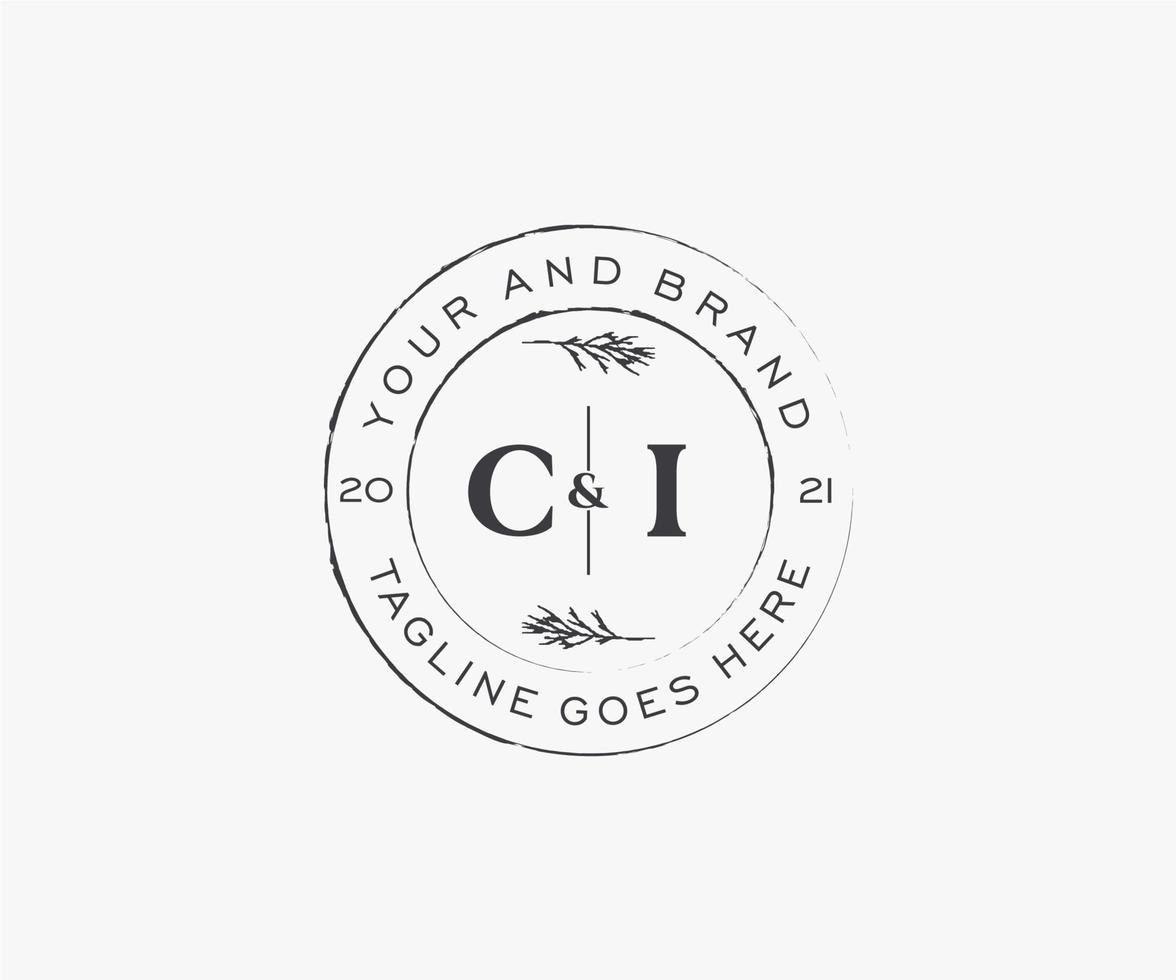 initial CI letters floral frames. Botanical feminine editable premade monoline unique decoration for greeting card, wedding invitation. vector