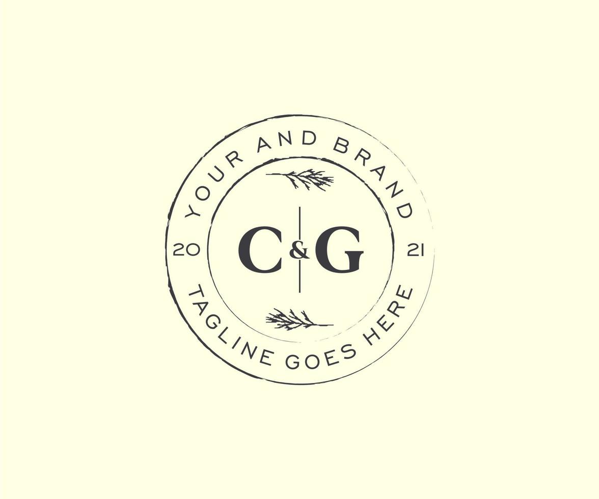 initial CG letters floral frames. Botanical feminine editable premade monoline unique decoration for greeting card, wedding invitation. vector