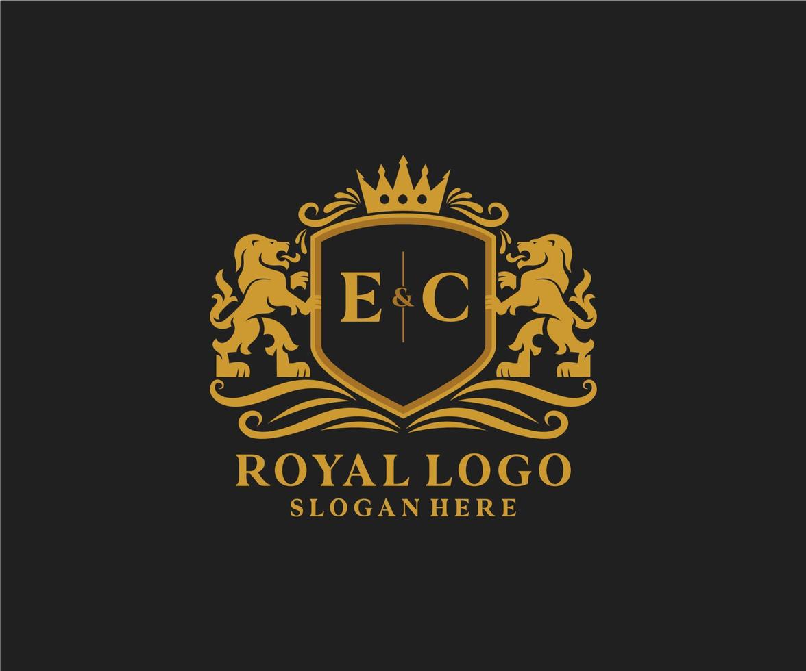 Initial EC Letter Lion Royal Luxury Logo template in vector art for Restaurant, Royalty, Boutique, Cafe, Hotel, Heraldic, Jewelry, Fashion and other vector illustration.