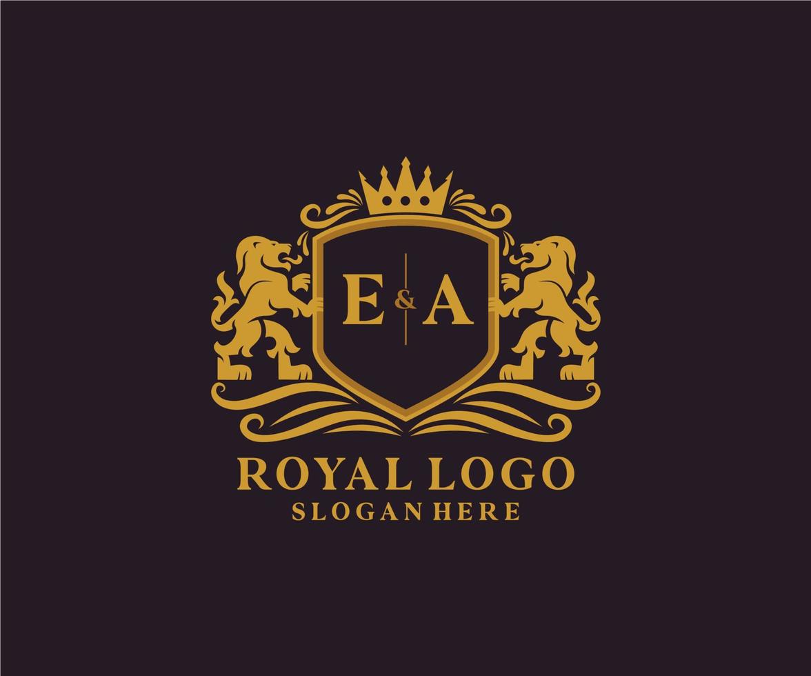 Initial EA Letter Lion Royal Luxury Logo template in vector art for Restaurant, Royalty, Boutique, Cafe, Hotel, Heraldic, Jewelry, Fashion and other vector illustration.