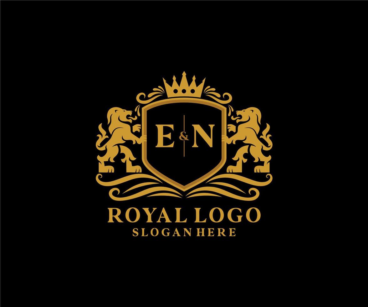 Initial EN Letter Lion Royal Luxury Logo template in vector art for Restaurant, Royalty, Boutique, Cafe, Hotel, Heraldic, Jewelry, Fashion and other vector illustration.