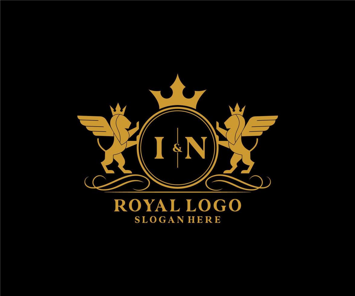 Initial IN Letter Lion Royal Luxury Heraldic,Crest Logo template in vector art for Restaurant, Royalty, Boutique, Cafe, Hotel, Heraldic, Jewelry, Fashion and other vector illustration.