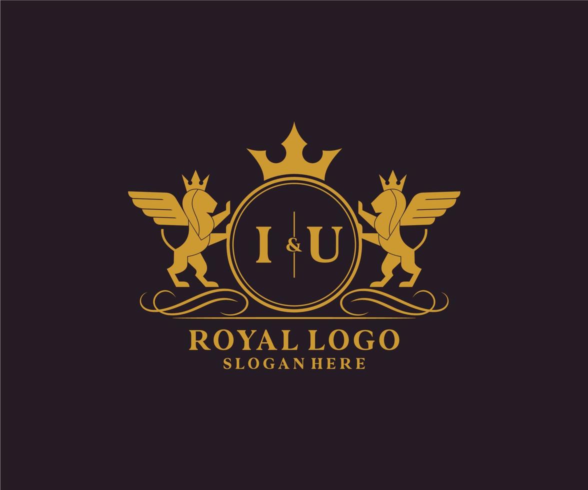 Initial IU Letter Lion Royal Luxury Heraldic,Crest Logo template in vector art for Restaurant, Royalty, Boutique, Cafe, Hotel, Heraldic, Jewelry, Fashion and other vector illustration.