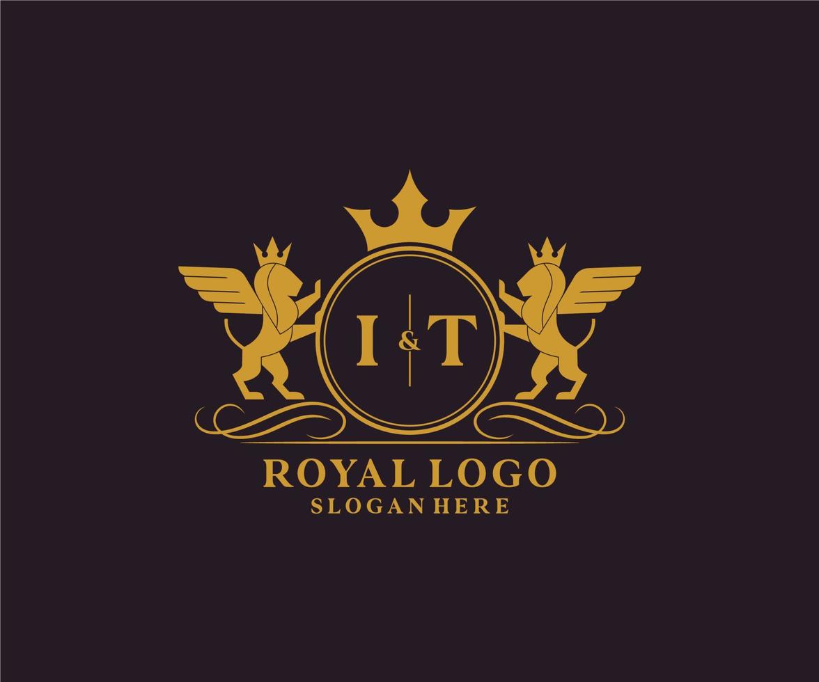 Initial IT Letter Lion Royal Luxury Heraldic,Crest Logo template in vector art for Restaurant, Royalty, Boutique, Cafe, Hotel, Heraldic, Jewelry, Fashion and other vector illustration.