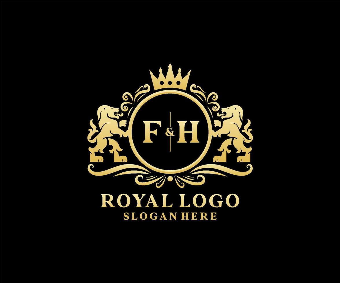 plantilla inicial de logotipo de lujo real de león con letra fh en arte vectorial para restaurante, realeza, boutique, cafetería, hotel, heráldica, joyería, moda y otras ilustraciones vectoriales. vector