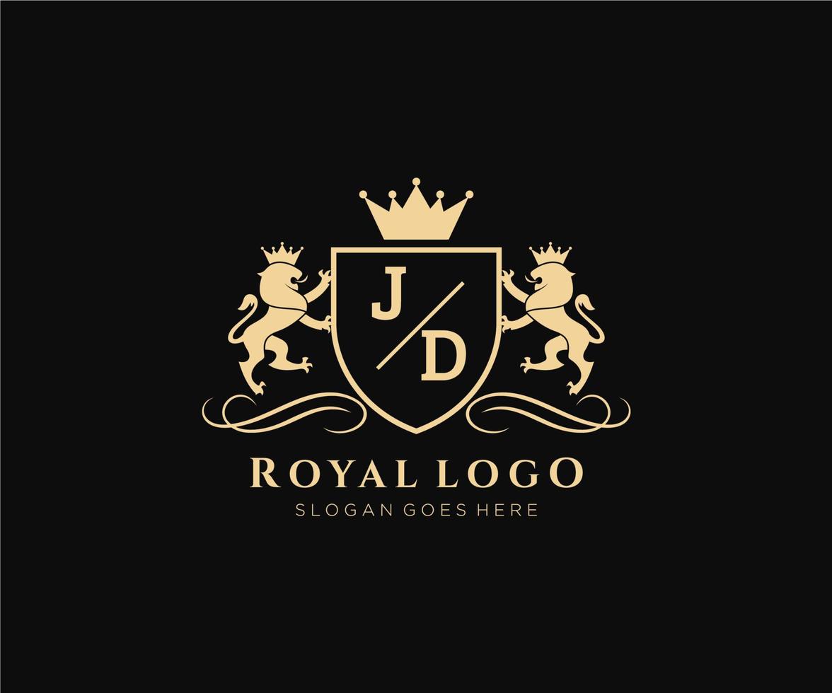 Initial JD Letter Lion Royal Luxury Heraldic,Crest Logo template in vector art for Restaurant, Royalty, Boutique, Cafe, Hotel, Heraldic, Jewelry, Fashion and other vector illustration.