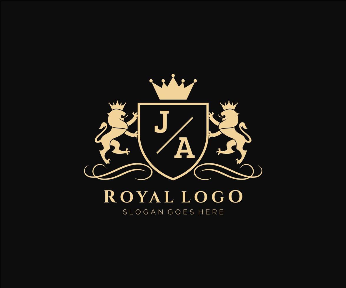 Initial JA Letter Lion Royal Luxury Heraldic,Crest Logo template in vector art for Restaurant, Royalty, Boutique, Cafe, Hotel, Heraldic, Jewelry, Fashion and other vector illustration.