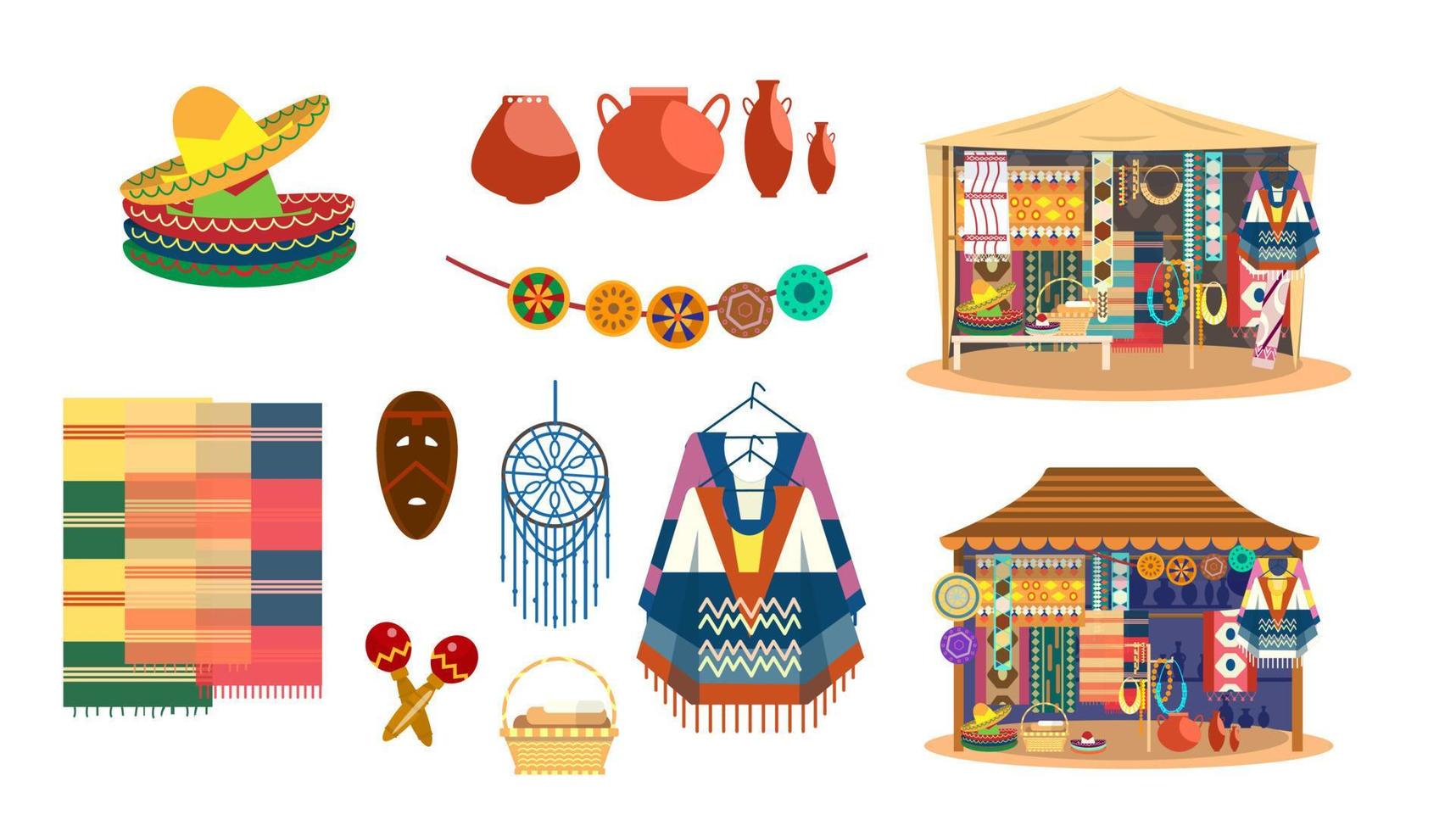 Mexican handicrafts vector set. Traditional souvenirs. Fabric and carpets store. Street shop. Sombrero hats, ponchos, maracas, dream catcher, mask, jewelry, mats, ceramics.