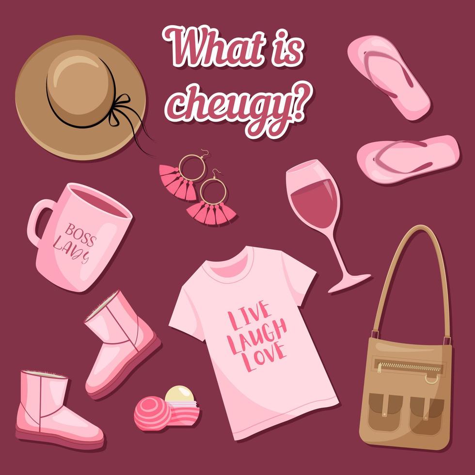 What is cheugy. Set of cheugy elements. Cup, lip balm, brimmed hat and another untrendy things. Cheuglife elements. Vector illustration in flat cartoon style.
