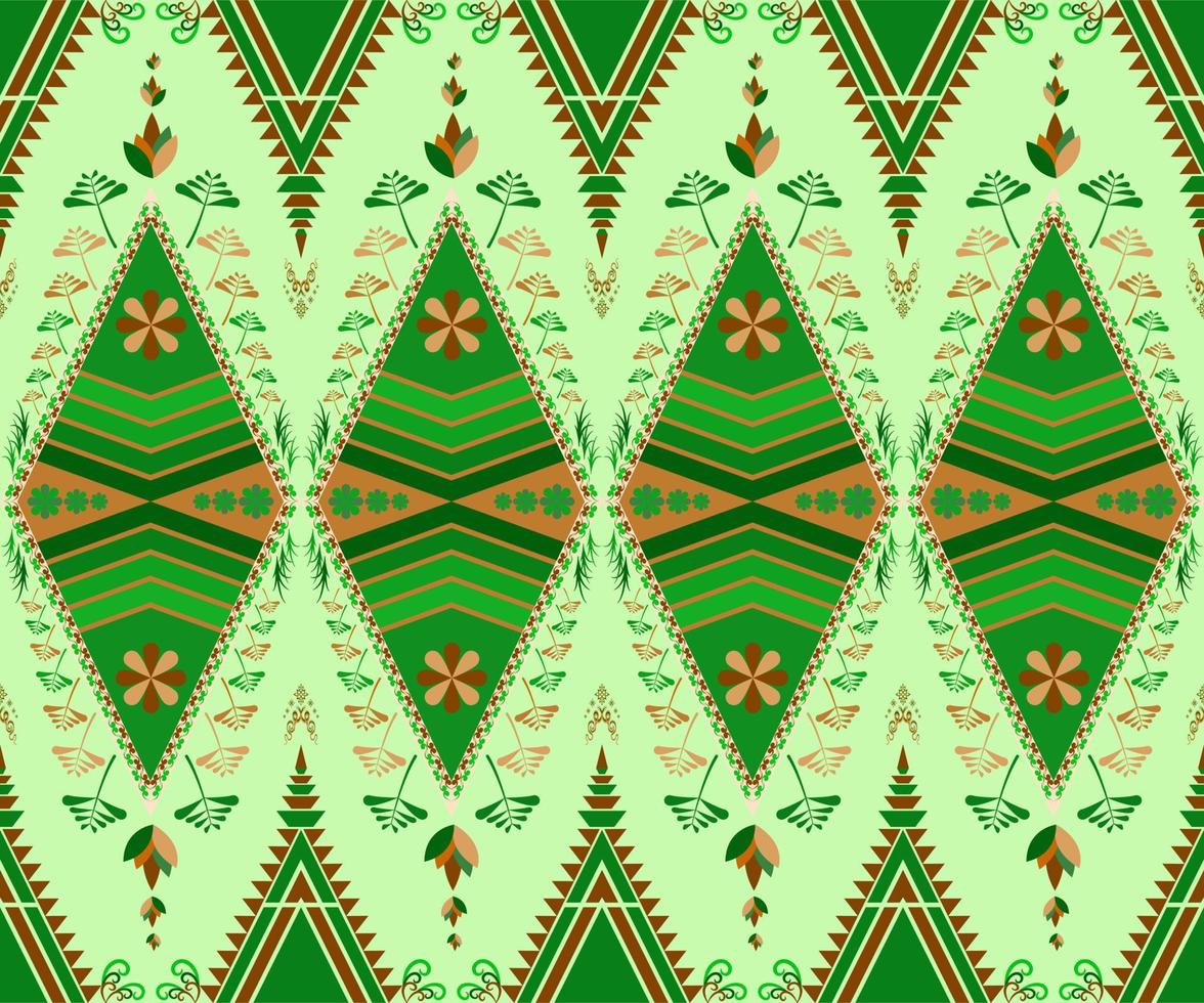 Ethnic folk geometric seamless pattern in green tone in vector illustration design for fabric, mat, carpet, scarf, wrapping paper, tile and more