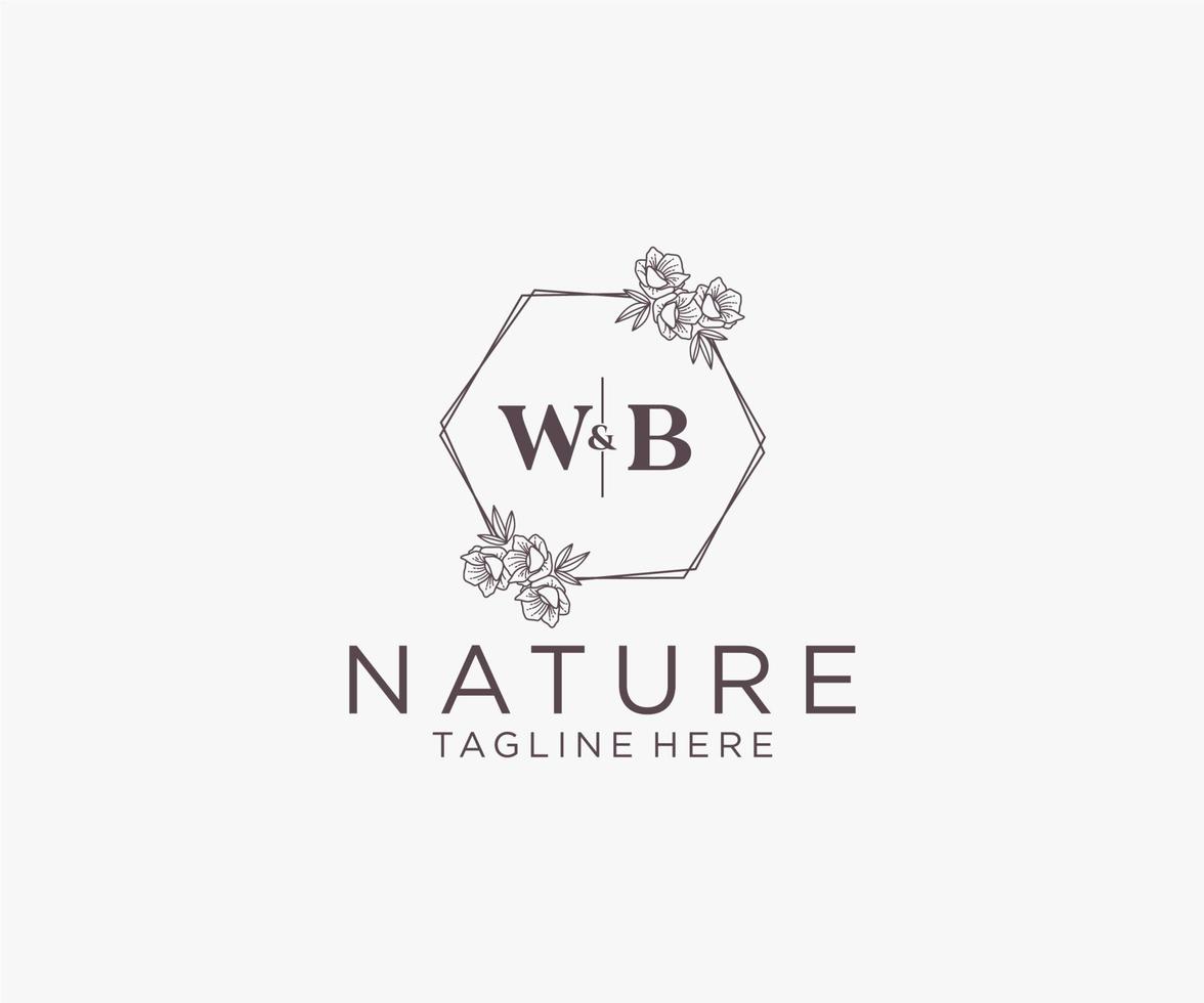 initial WB letters floral frames. Botanical feminine editable premade monoline unique decoration for greeting card, wedding invitation. vector