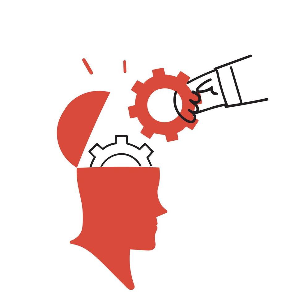 hand drawn doodle hand put gear cog inside head illustration vector