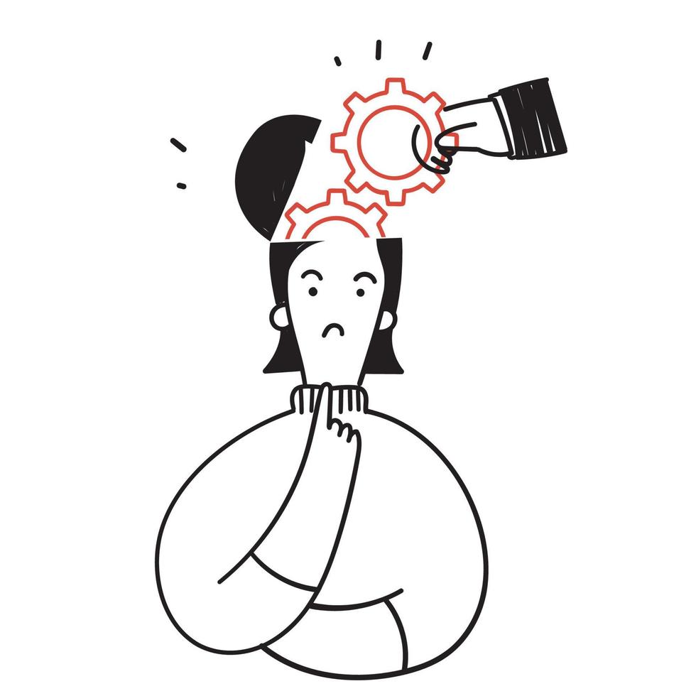 hand drawn doodle hand put gear cog inside head illustration vector