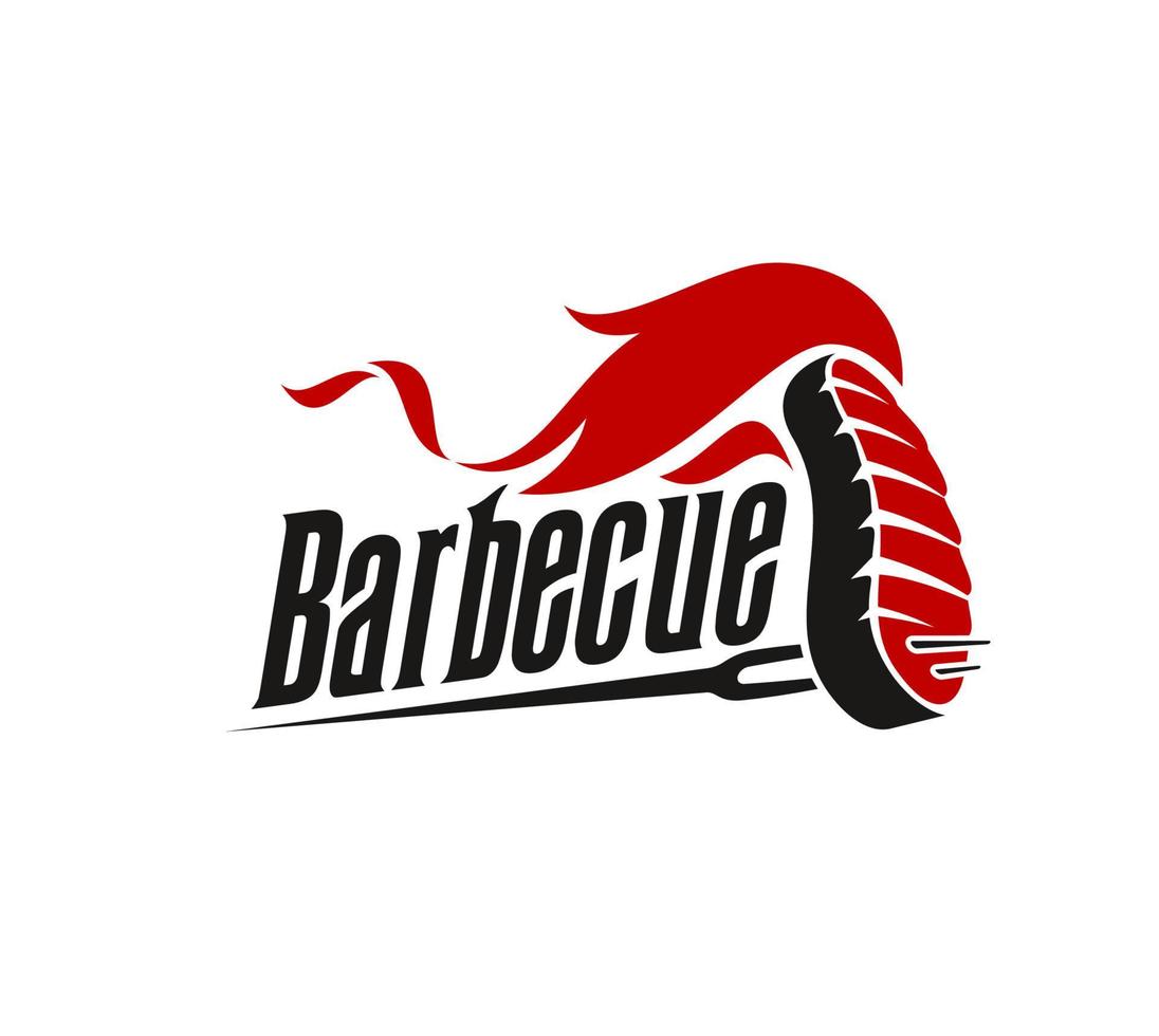Bbq grill icon with steak, fork and burning flame vector