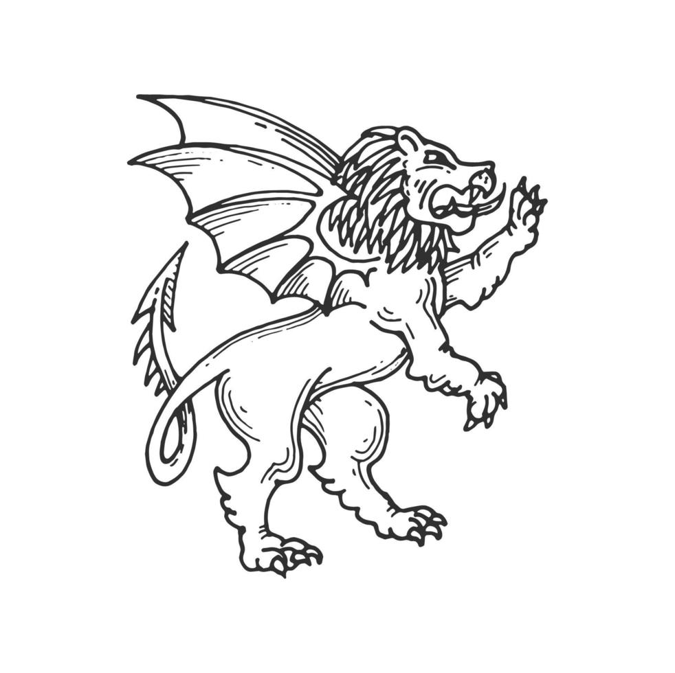 Lion with dragon wings, medieval heraldic animal vector