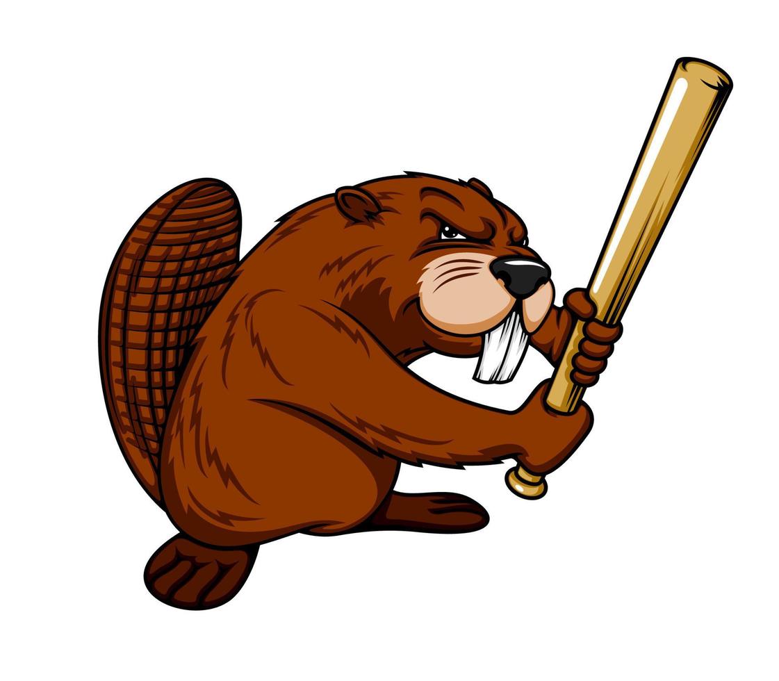 Cartoon beaver baseball player with bat, mascot vector